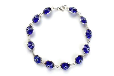 Solid 925 Sterling Silver 10MM Dark Blue Crystal Evil Eye Bracelet - 7.5''
