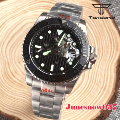 Tandorio Black Chapter Ring Hollow Out Dial NH35A Auto Men Watch Screwdown Crown