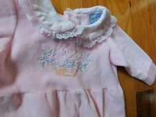 Scwab Little Me Pink Velour Romper w/ Embroidered Birds in Flower Basket USA