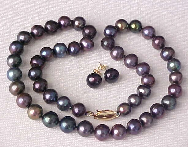 Set Of 8Mm Aaa Peacock Brown Black Pearl Necklace & Earrings Solid 14K Gold