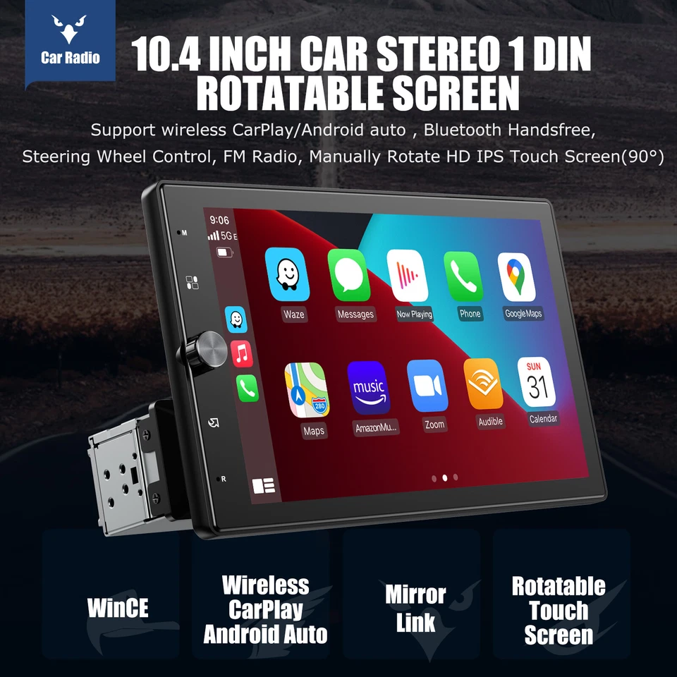 10" Single DIN Wireless Car Stereo Radio Carplay Android Auto Rotatable USB AUX - image 2 of 4
