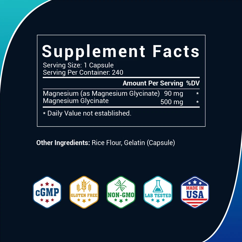 Magnesium Glycinate 500mg 240 Capsules For Sleep Stress Relief Support Bone Lot - Image 4 of 4