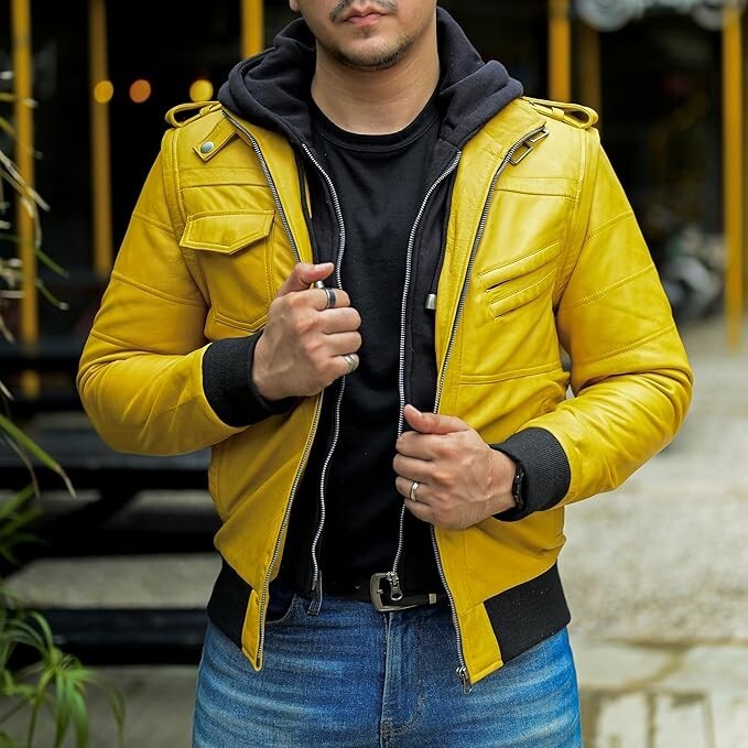 Men's Yellow Lambskin Leather Bomber Jacket with Detachable Hood and Sleeves