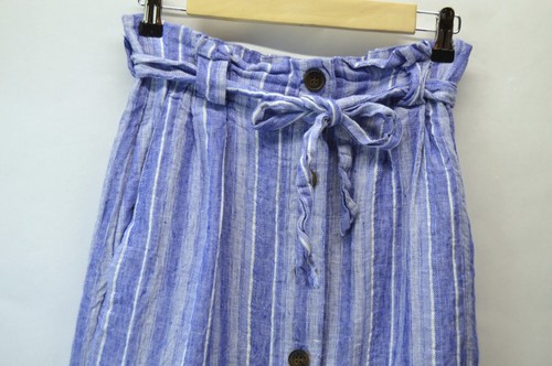 H&M LInen Blend Paperbag Skirt SIze 4 Blue White Stripe Short Coastal Drawstring - Picture 3 of 14