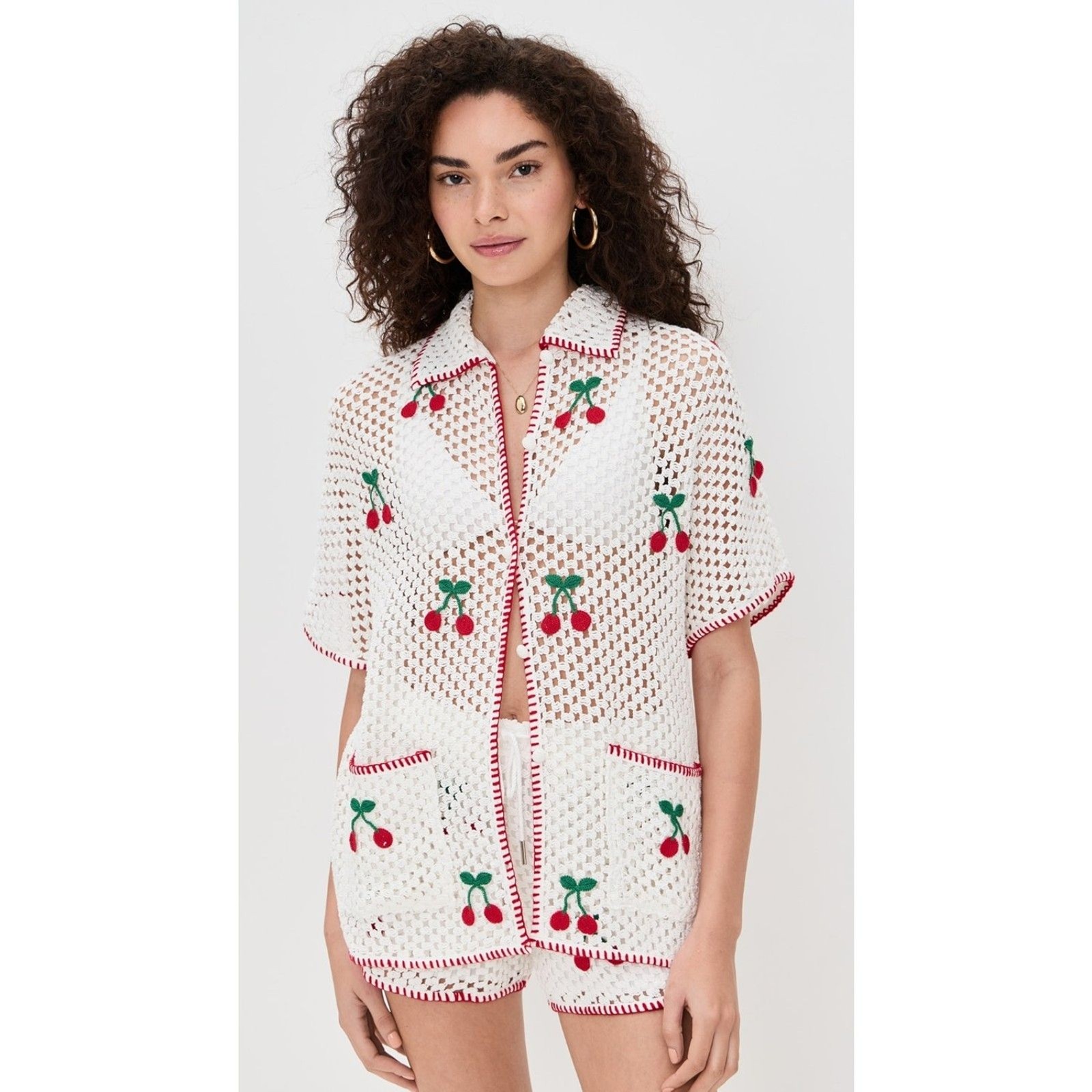 SAYLOR Blithe Cherry Crochet Short Set White Small - image 1