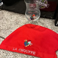 LA CHOUFFE Beer 33cl Glass & Hat Brassiere D’achouffe Red GNOME Cap With Bell