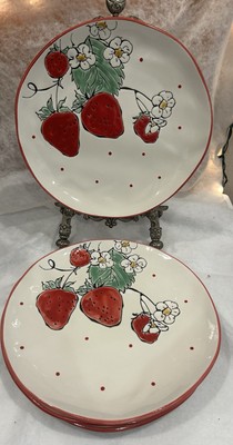 4 ELI +ANA Handmade Ceramic Ivory Strawberry DINNER Plates Red Polka Dots