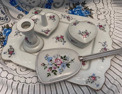 Vintage 50s/60s Porcelain Vanity Set Floral Heart Box Tray Candle Holder Mirror
