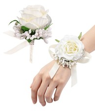 White Rose Corsage and Men Boutonniere Set for Wedding Prom