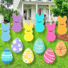 12 PCS Pastel Easter Yard Signs Decorations Outdoor - Colorful Cute Easter Bunny