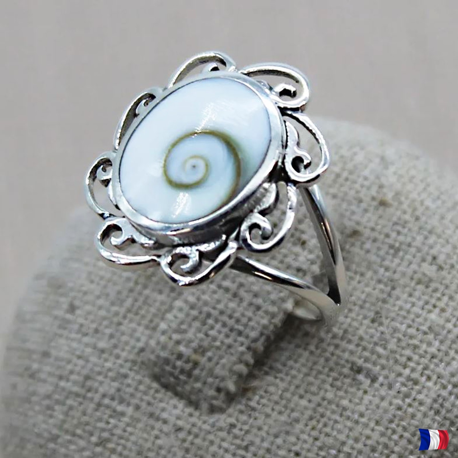 Bague Argent 925 pour Femme en Coquillage Naturel d'Œil de Sainte Lucie