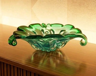 Murano, Vintage italienische Tri-Corn Glasschale | grün & türkis