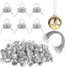 100 Pieces Round Christmas Ornament Caps and Hangers String Set, Silver