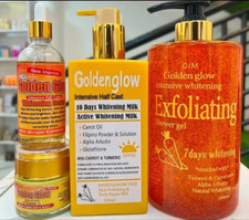 4 In 1 Sets Golden Glowy Body Milk 500ml Lotion , exfoliating shower Gel