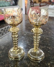 Pair Antique Bohemian Enameled Rmer Wine Goblets Amber Heckert Moser Style 1895 Pair Antique Bohemian Enameled Rmer Wine Goblets Amber Heckert Moser Style 1895