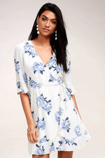 Lulus Pretty Peony Blue and White Floral Print Wrap Dress