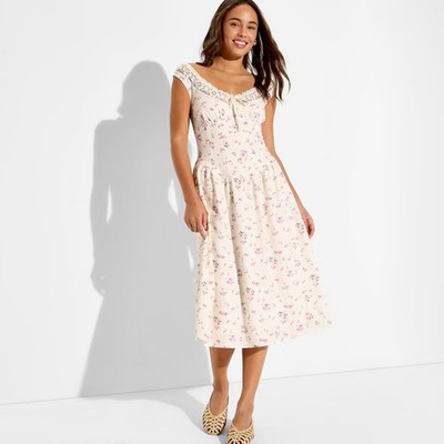 Women Button-Front Lace Midi Dress - Wild Fable Off-White Floral M