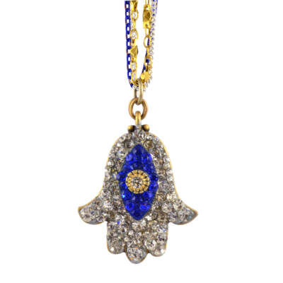 Michal Golan Crystal Hamsa Hand/Evil Eye Necklace With Multicolor Chain 