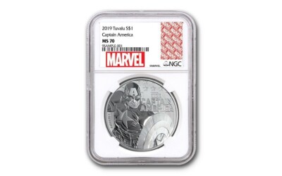 2019 TUVALU CAPTAIN AMERICA 1 OZ SILVER MARVEL SERIES $1 COIN MS70 MARVEL LABEL