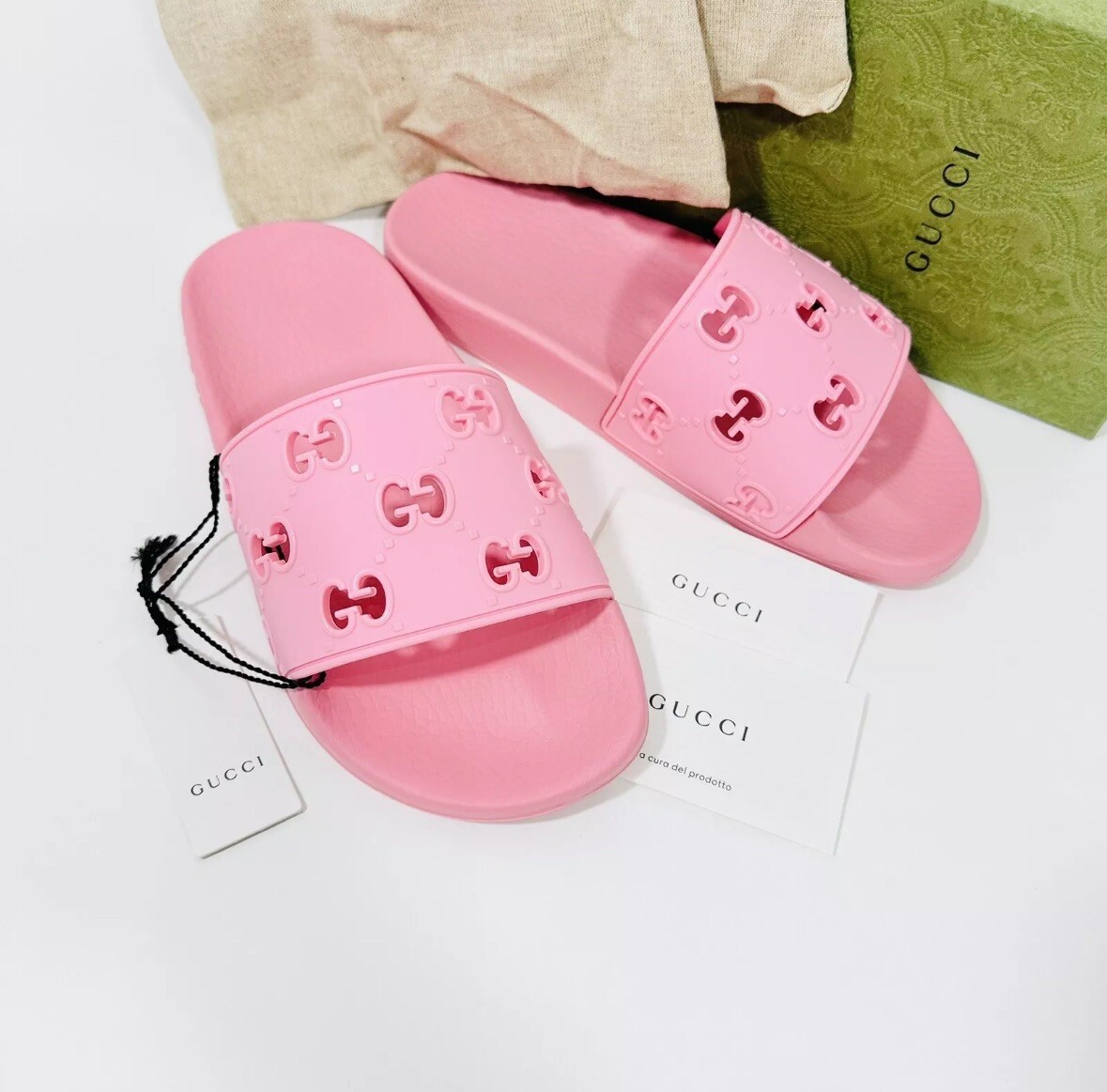 Gucci Rubber Laser Cut GG Sandal Slide Slipper Rose Pink