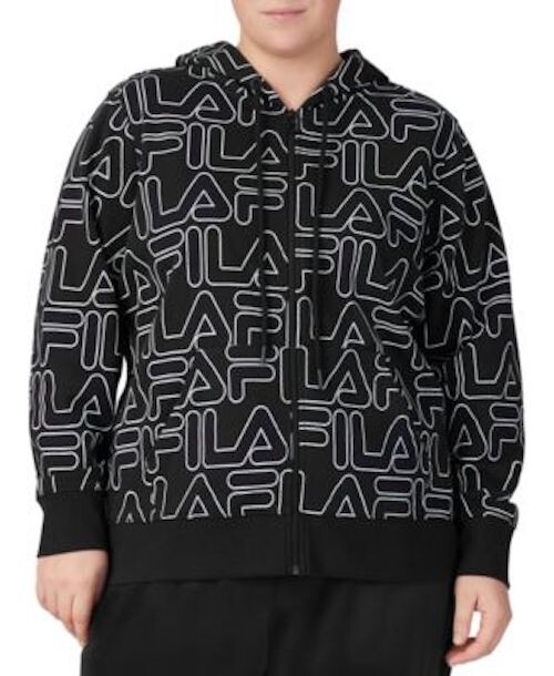 Felpa con cappuccio Fila donna taglie forti stampata zip davanti nero bianco 1X NUOVA