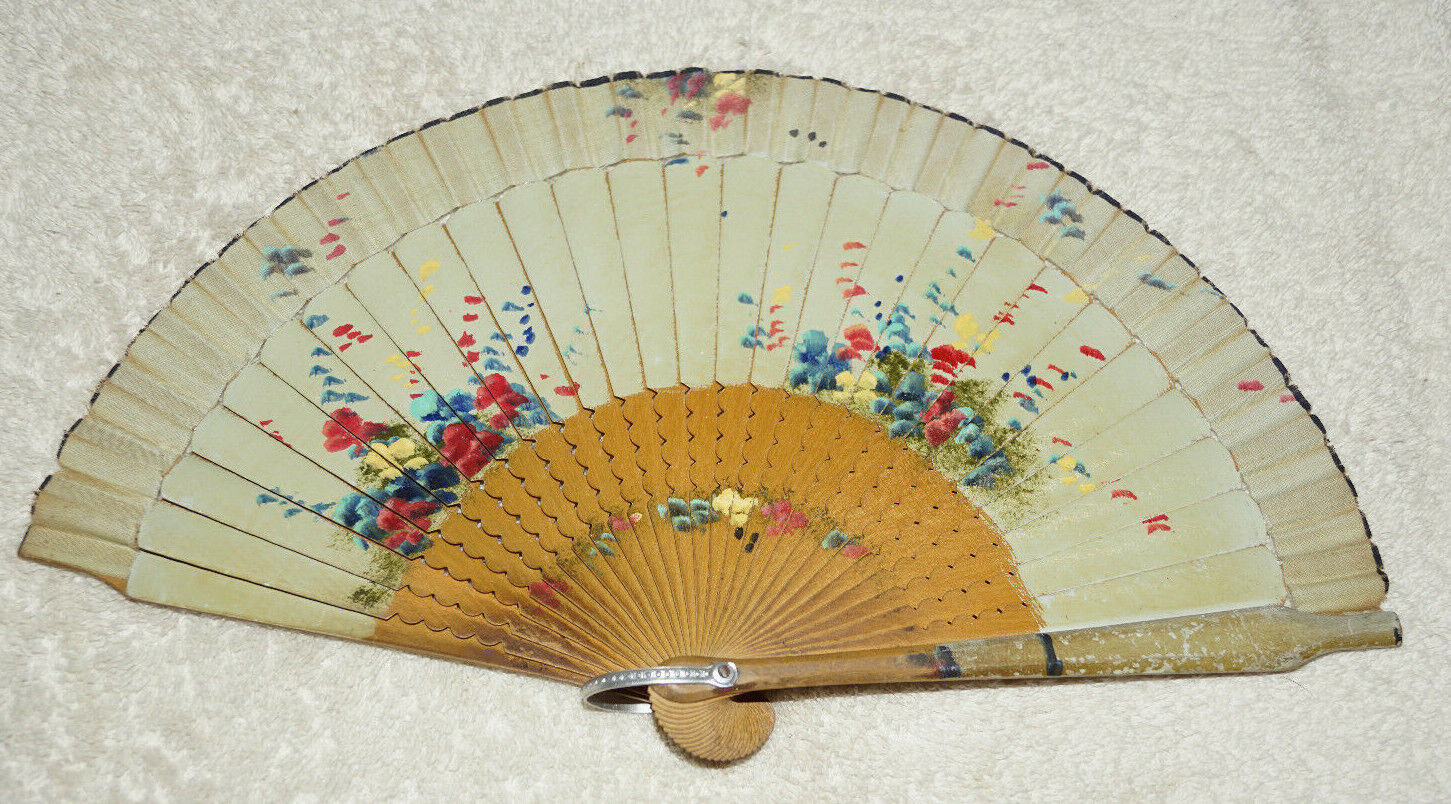 Vintage Hand fan - hand painted wooden and cloth - 7 inches - fl