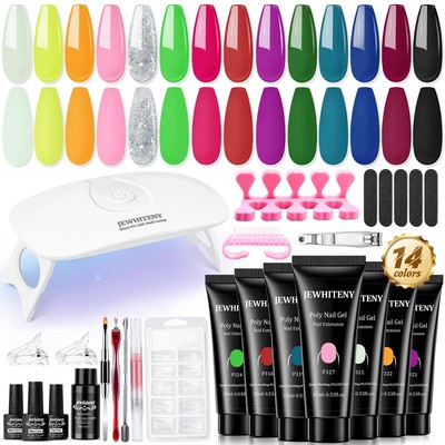 JEWHITENY 14 Colors Poly Nail Extension gel Kit with U V Lamp Pink Red Blue N...