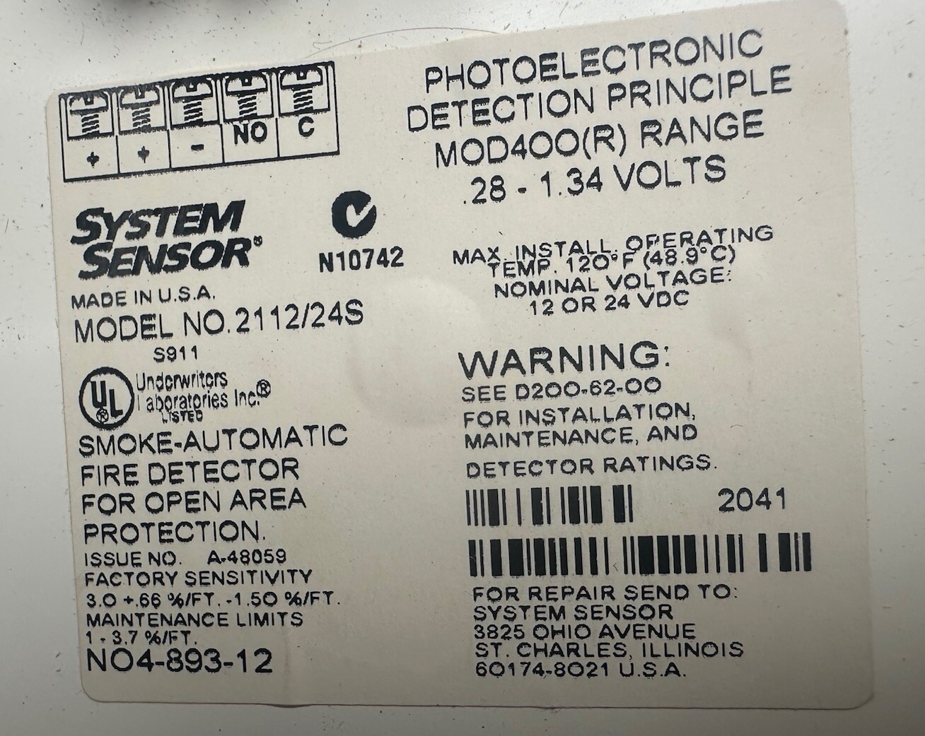 NEW SYSTEM SENSOR 2112/24S PHOTOELECTRIC DETECTOR HEAD