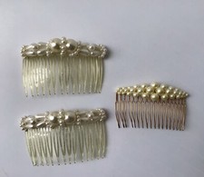 Three Vintage Faux Pearl Hair Combs- Two Matching Plastic Taiwan One Metal