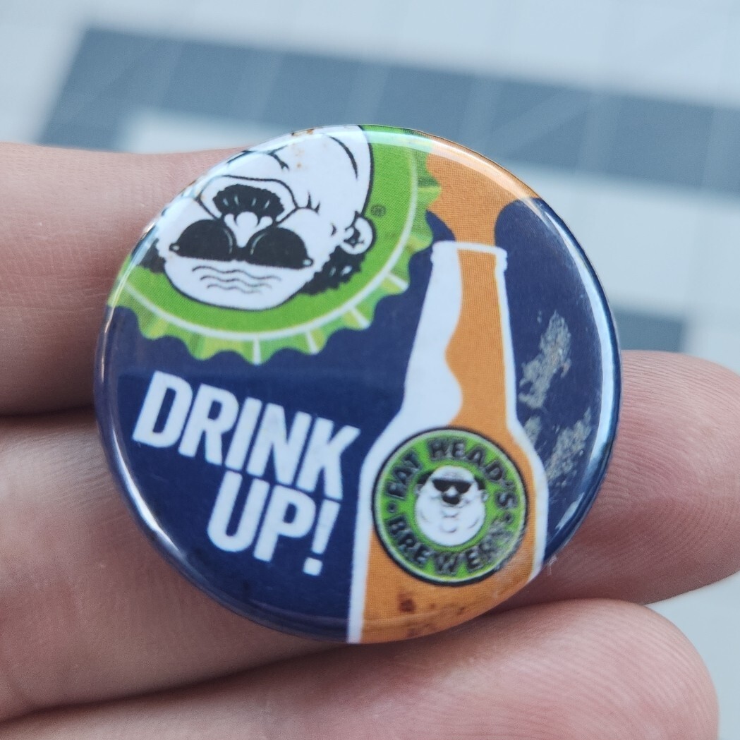 Vtg FAT HEADS BREWERY 1.25" Round Button Pin Pinback Blue Metal 90s