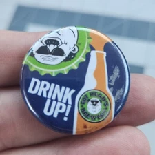 Vtg FAT HEADS BREWERY 1.25" Round Button Pin Pinback Blue Metal 90s