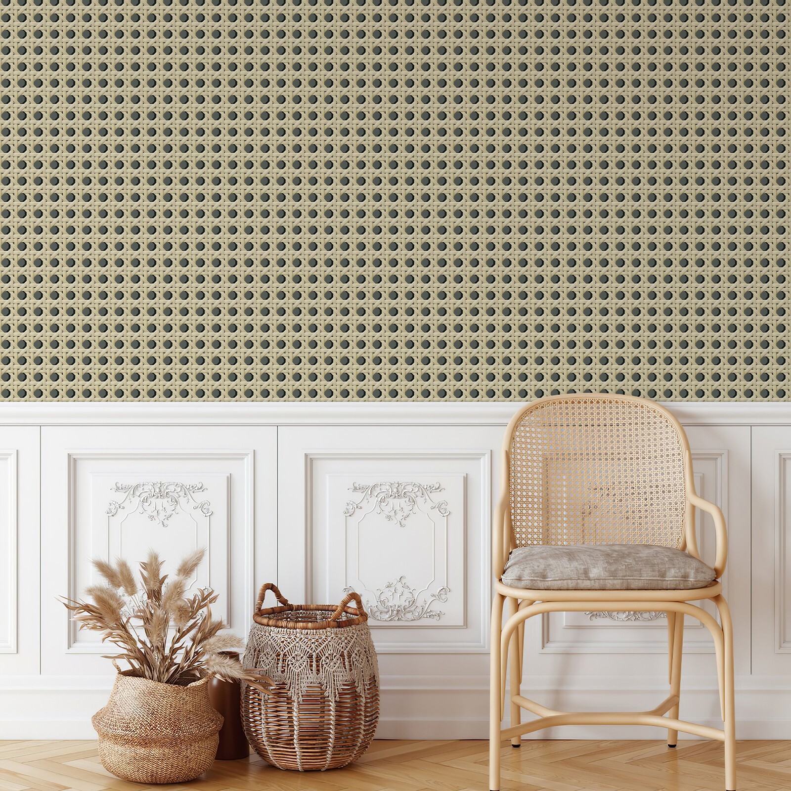 Jiffdiff Green Rattan Woven Wallpaper Textured Peel and Stick Wall Mural