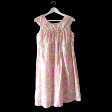 70s Mod Floral Nightgown Pink Peach White Comfy Ribbed Vintage Sleepwear Size S