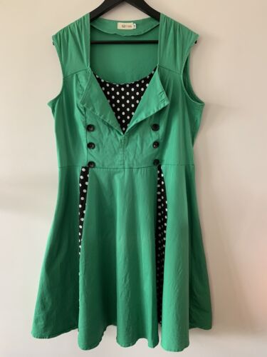 Killreal Womens Green Retro Fit n Flare Dress Polka Dot Trim Sz 5XL/16 18 Gc - Picture 1 of 9