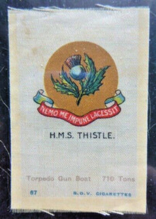 PHILLIPS WW1 SILKS "BRITISH NAVAL CRESTS" B.D.V. 1915 H.M.S. THISTLE NO.67