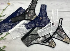 VICTORIA'S SECRET LUXE EMBROIDERED THONG CHEEKY PANTY EMBELLISHED FLORAL