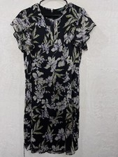 Lauren Ralph Women 4 Dress Black Purple Floral Flutter Short Sleeve Knee Length