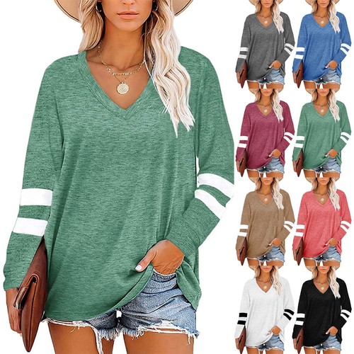 Women's Tunic Tops Long Sleeve Striped Patchwork V-Neck Loose Casual Tee Shirt