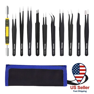 Precision Tweezers Set  [11 Pieces] Industrial Anti-Static Stainless Steel
