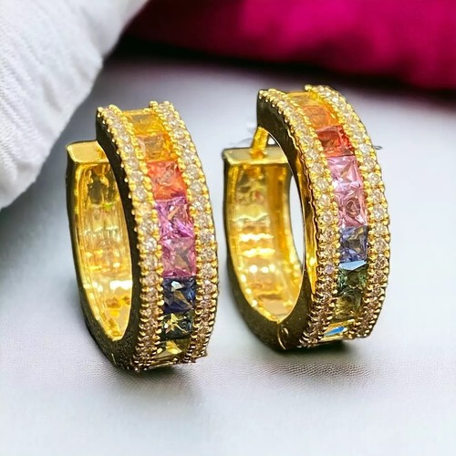 2,70 Cts Runde Diamanten Saphire Unisex Regenbogen Creolen Ohrringe 18K Gelbgold - Bild 3 von 15