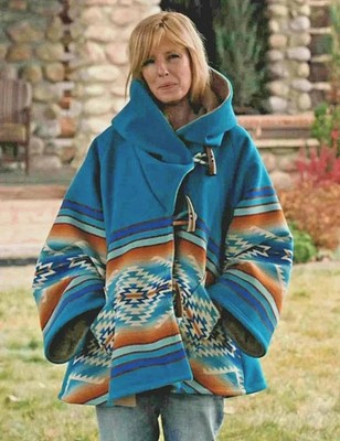Kelly Reilly Jacket Beth Dutton Yellowstone Blue Hooded Fleece Poncho Women Coat