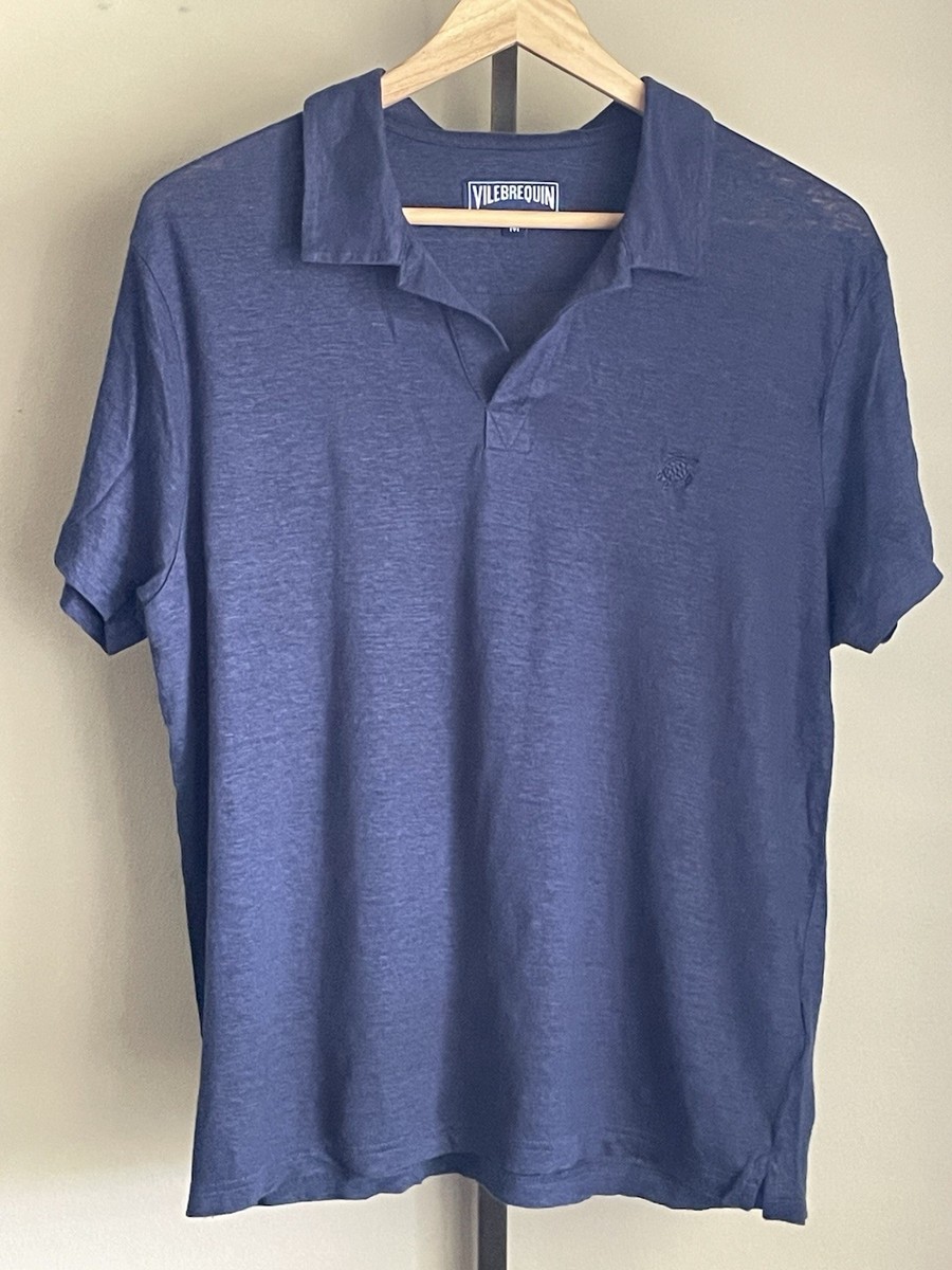 Vilebrequin Pyramid Linen Jersey Polo Shirt Mens Sz M Blue Luxury Resort