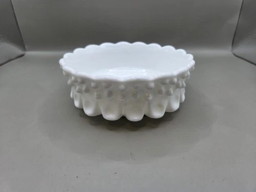 Vintage Fenton Milk Glass Hobnail Bon Bon Dish Trinket Dish 5in Across 2in Tall