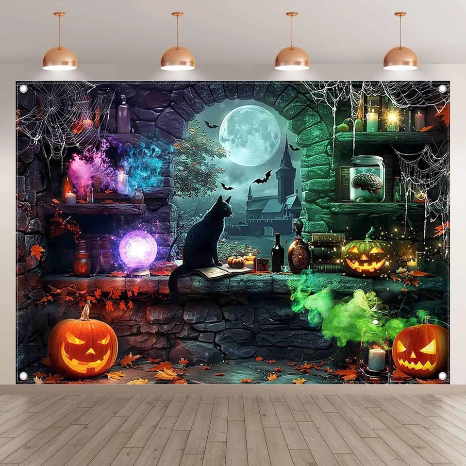 7x5ft Fabric Halloween Magic Backdrop Pumpkin Lantern 7'x5', Black - Image 2 of 4