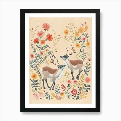 Folksy Floral Animal Drawing Caribo Framed Wall Art Poster Canvas Print Picture