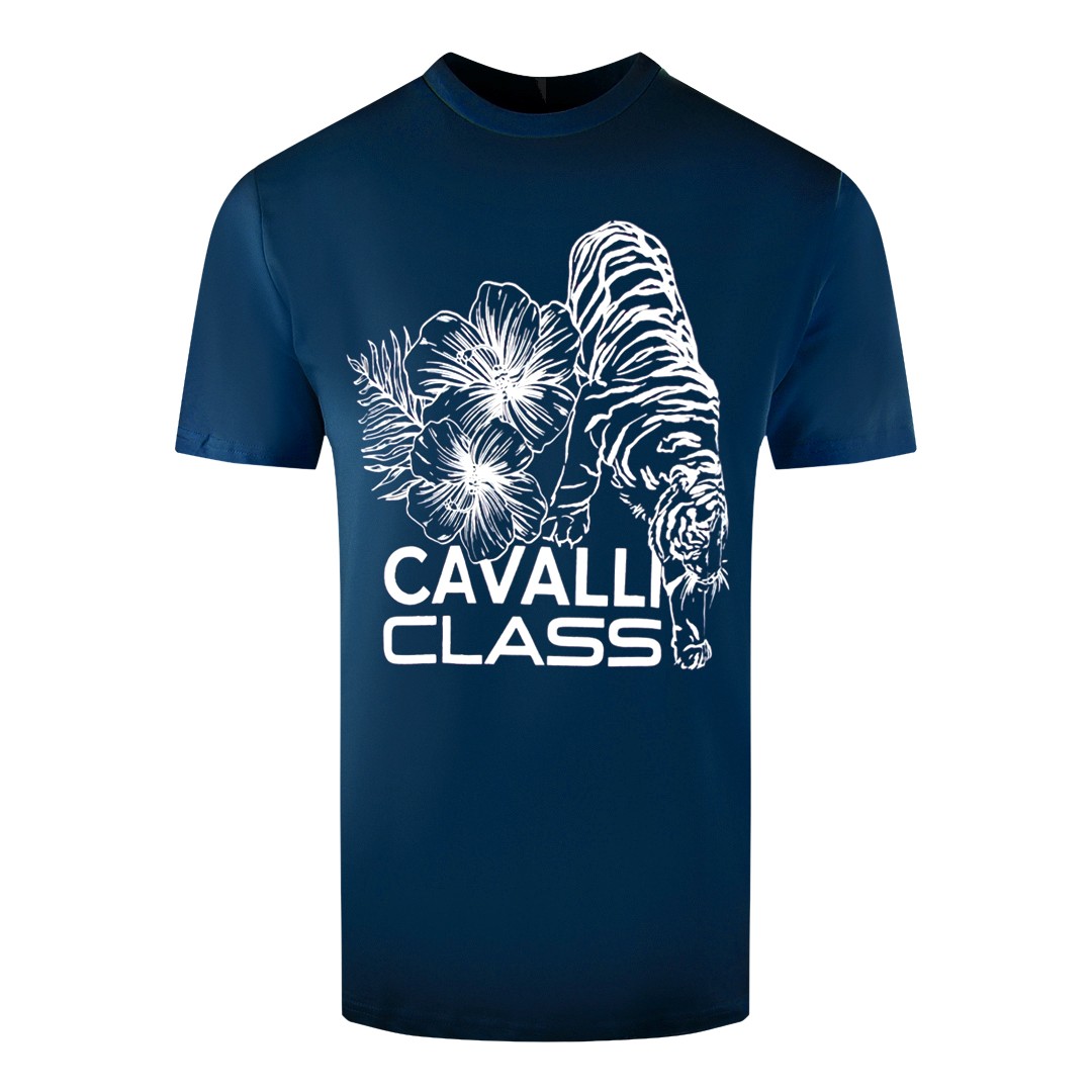 Светло-голубая футболка Cavalli Class с цветочным рисунком тигра 17190₽