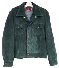 MENS VINTAGE SUEDE LEATHER JACKET 70s SWAGGER GREEN TRUCKER SNAP FRONT SIZE 40