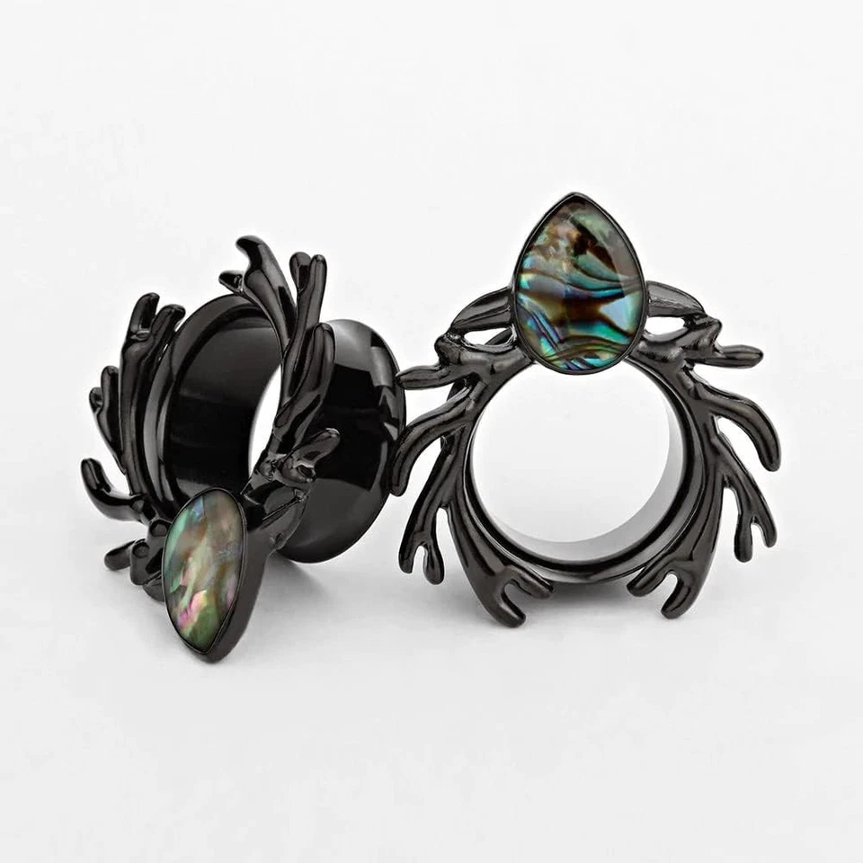 (1 Pair Black Sea-shell Forest Antlers Slivery Opal Ear Plugs Tunnels Gauges ... - Image 2 of 4