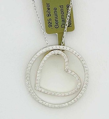 ECHTER DIAMANT KREIS & HERZ ANHÄNGER HALSKETTE MASSIV 0,925 STERLINGSILBER - NEU MIT ETIKETT