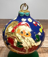 Hand-Painted Blue Glass Christmas Ornament With Santa  Candy Cane Motif